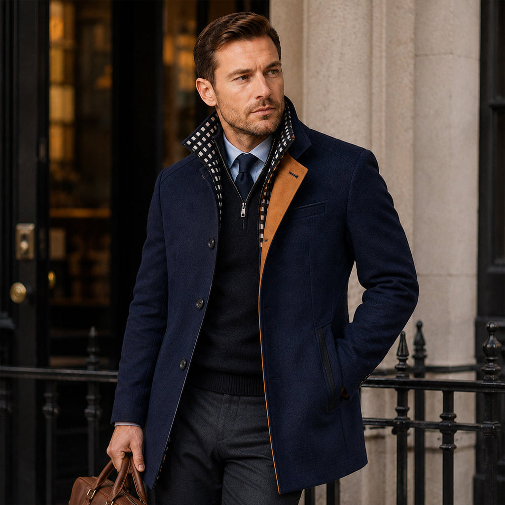 Men's Stand Collar Trench Coat – Smart Casual Wool Blend Overcoat