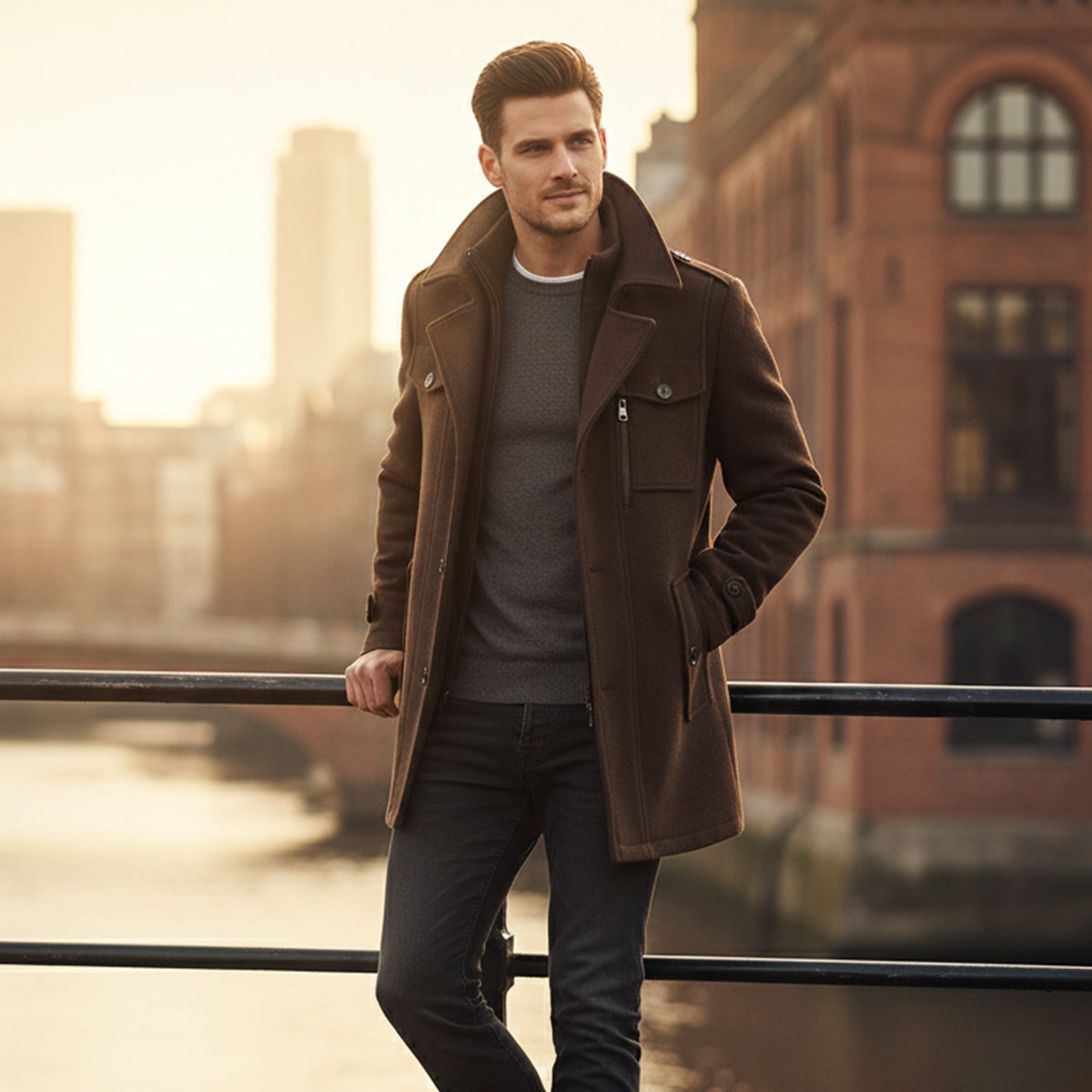 Men's Tailored Wool Blend Overcoat – Lapel Collar Trench-Style Coat