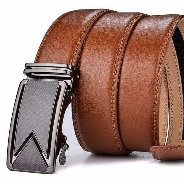 Men's Leather Ratchet Dress Belt – Micro-Adjustable Automatic Buckle Belt