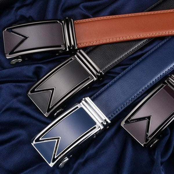 Men's Leather Ratchet Dress Belt – Micro-Adjustable Automatic Buckle Belt
