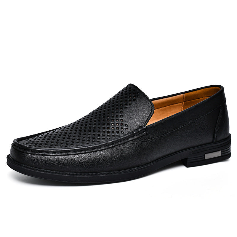Men's Leather Slip-On Loafers – Casual Perforated Low-Profile Walking Shoes
