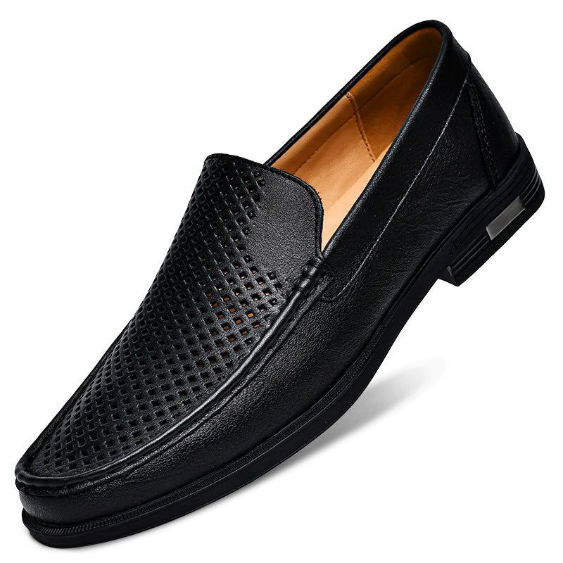 Men's Leather Slip-On Loafers – Casual Perforated Low-Profile Walking Shoes