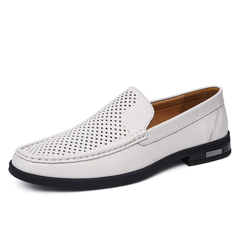 Men's Leather Slip-On Loafers – Casual Perforated Low-Profile Walking Shoes