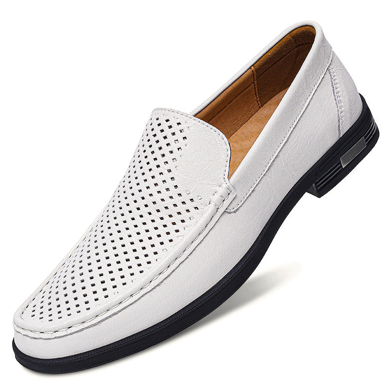 Men's Leather Slip-On Loafers – Casual Perforated Low-Profile Walking Shoes