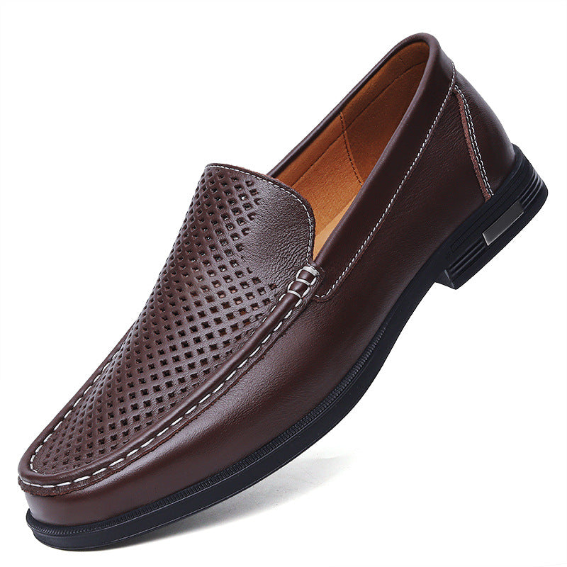 Men's Leather Slip-On Loafers – Casual Perforated Low-Profile Walking Shoes