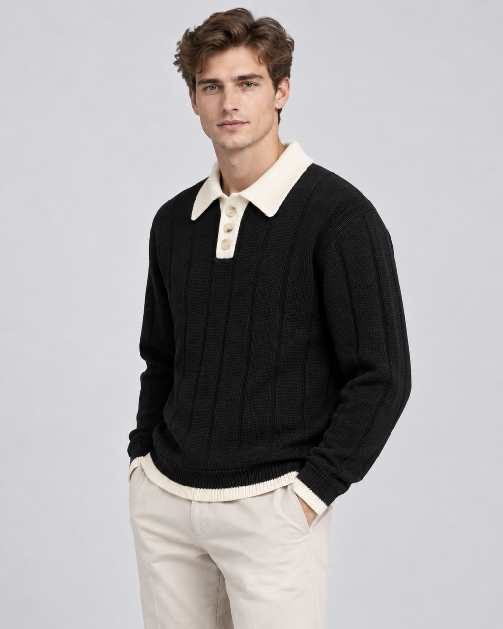 Men's Contrast Collar Knit Polo Sweater – Ribbed Regular Fit Pullover