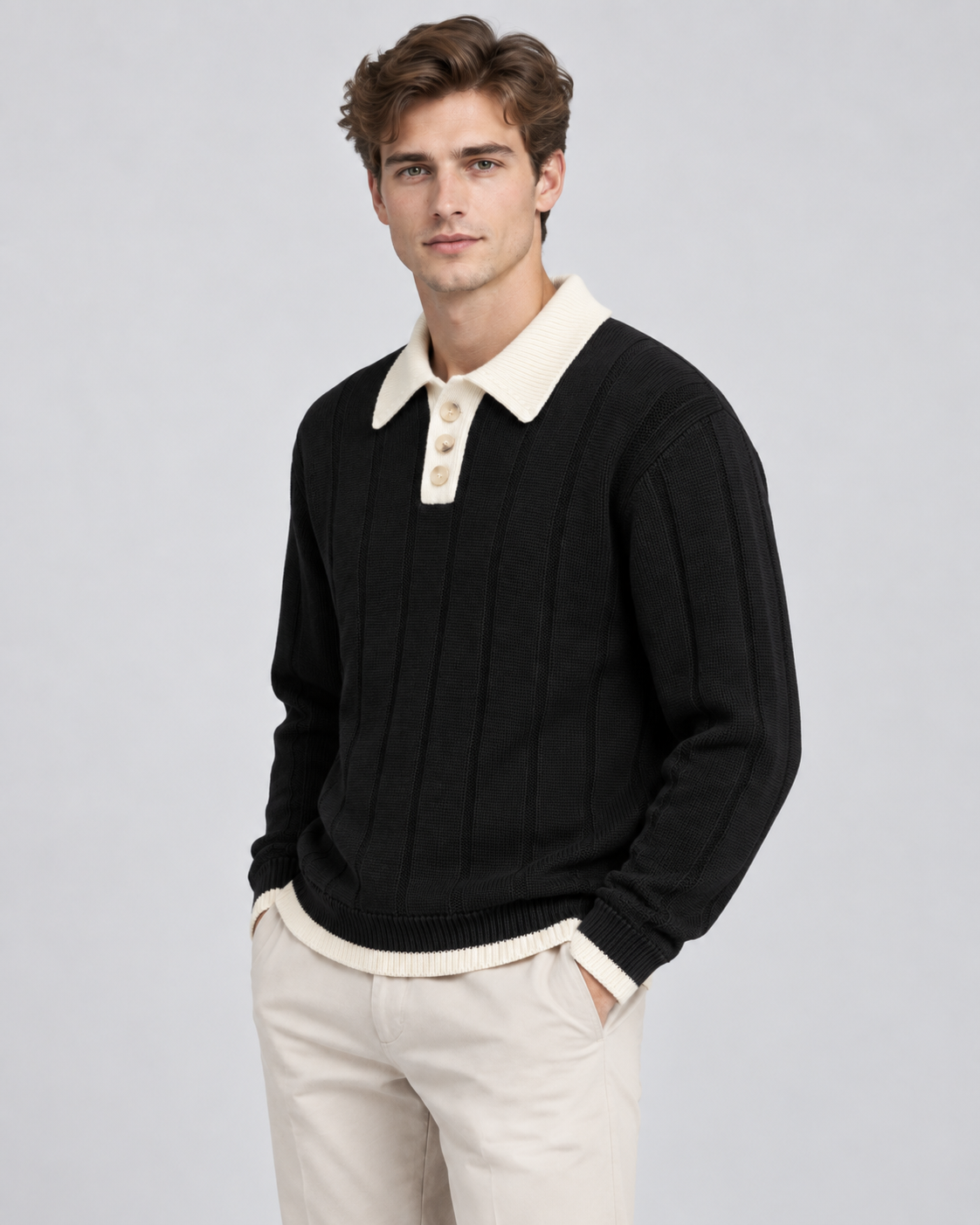 Men's Contrast Collar Knit Polo Sweater – Ribbed Regular Fit Pullover