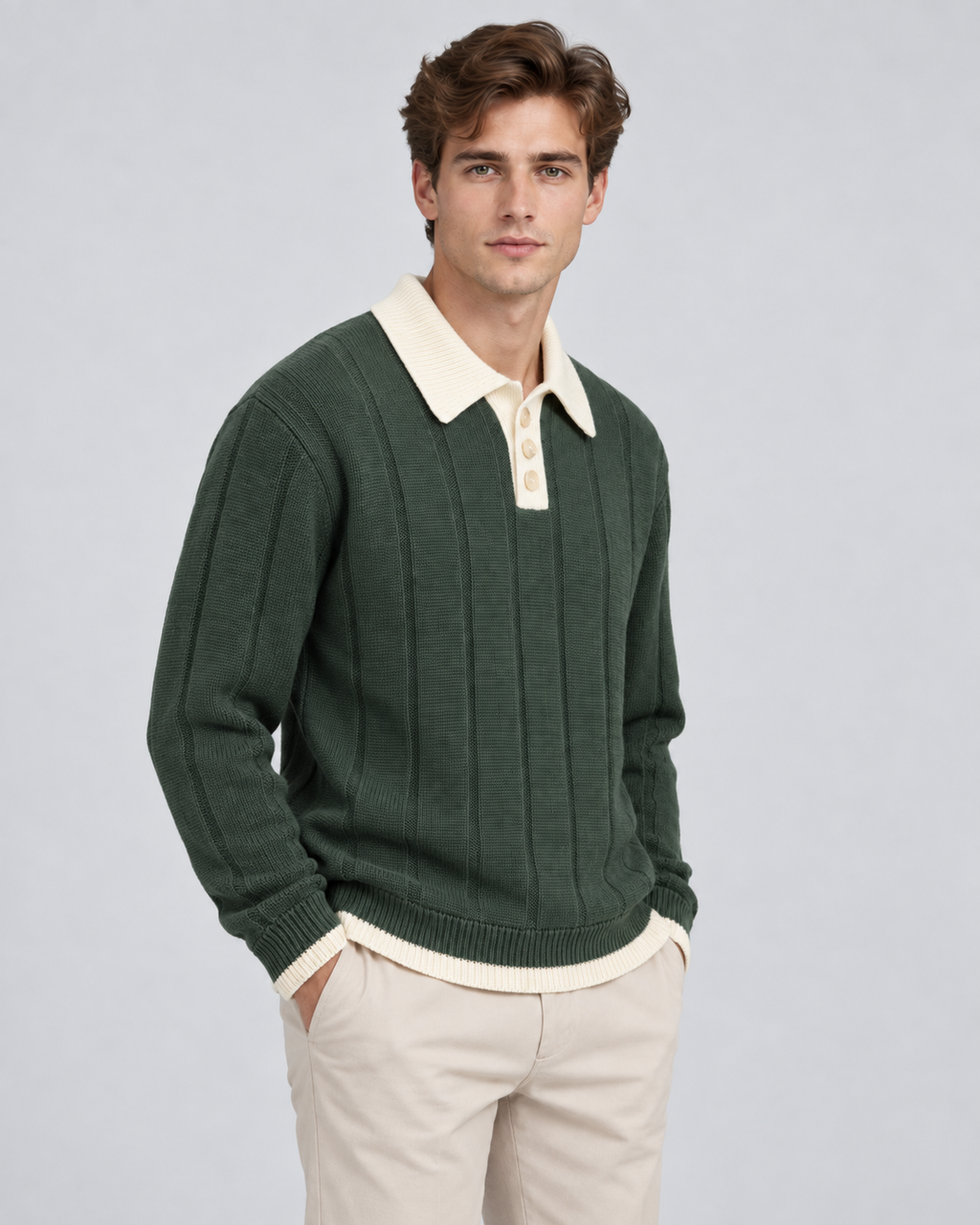 Men's Contrast Collar Knit Polo Sweater – Ribbed Regular Fit Pullover