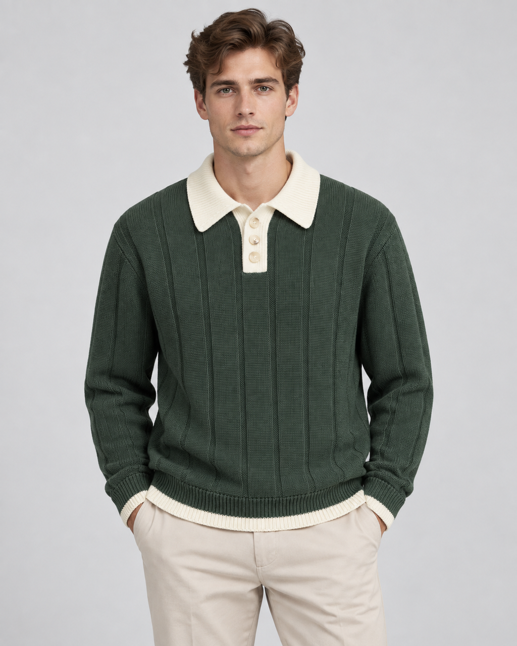 Men's Contrast Collar Knit Polo Sweater – Ribbed Regular Fit Pullover