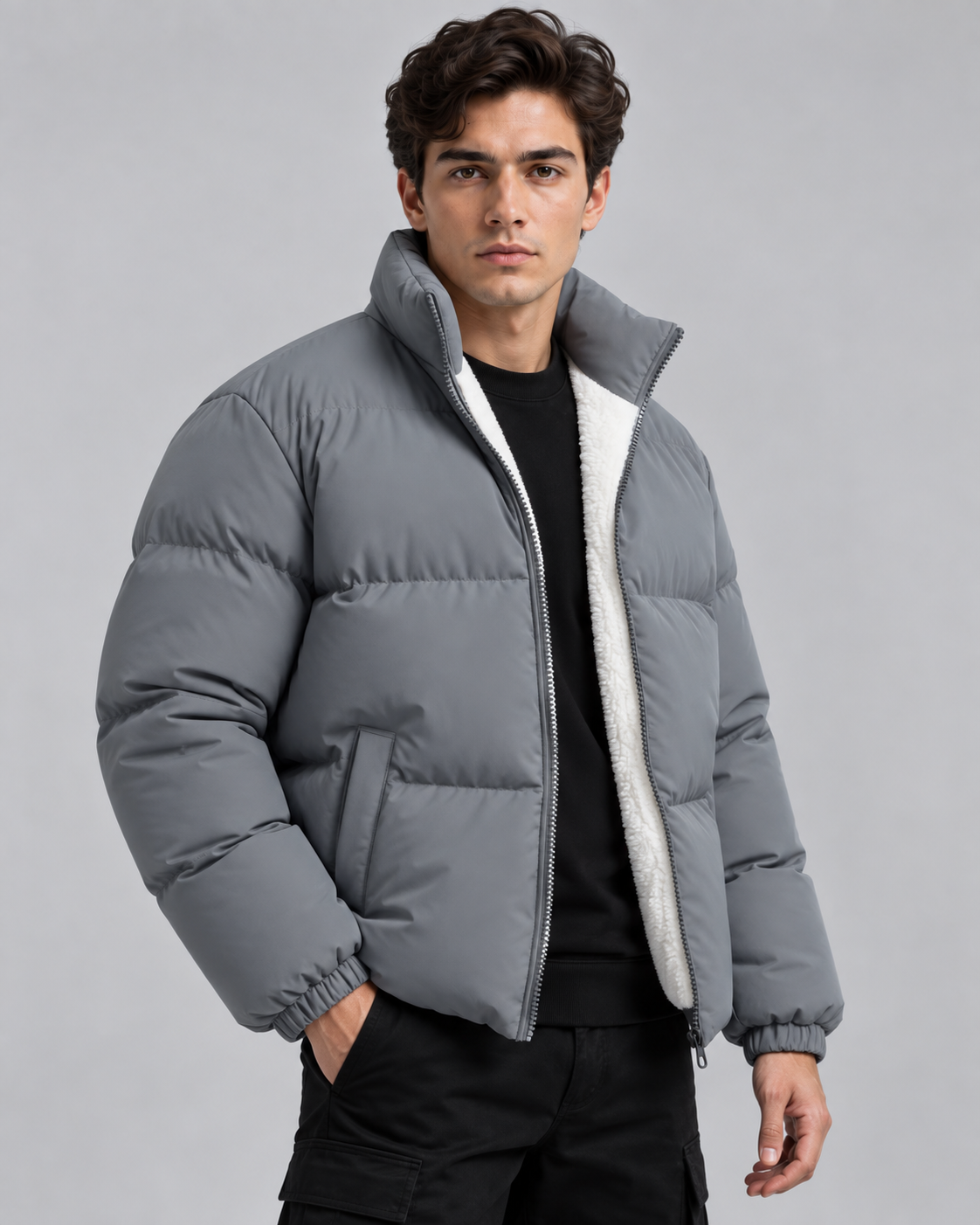 Men's Fleece-Lined Puffer Jacket – Funnel Neck Quilted Zip-Up
