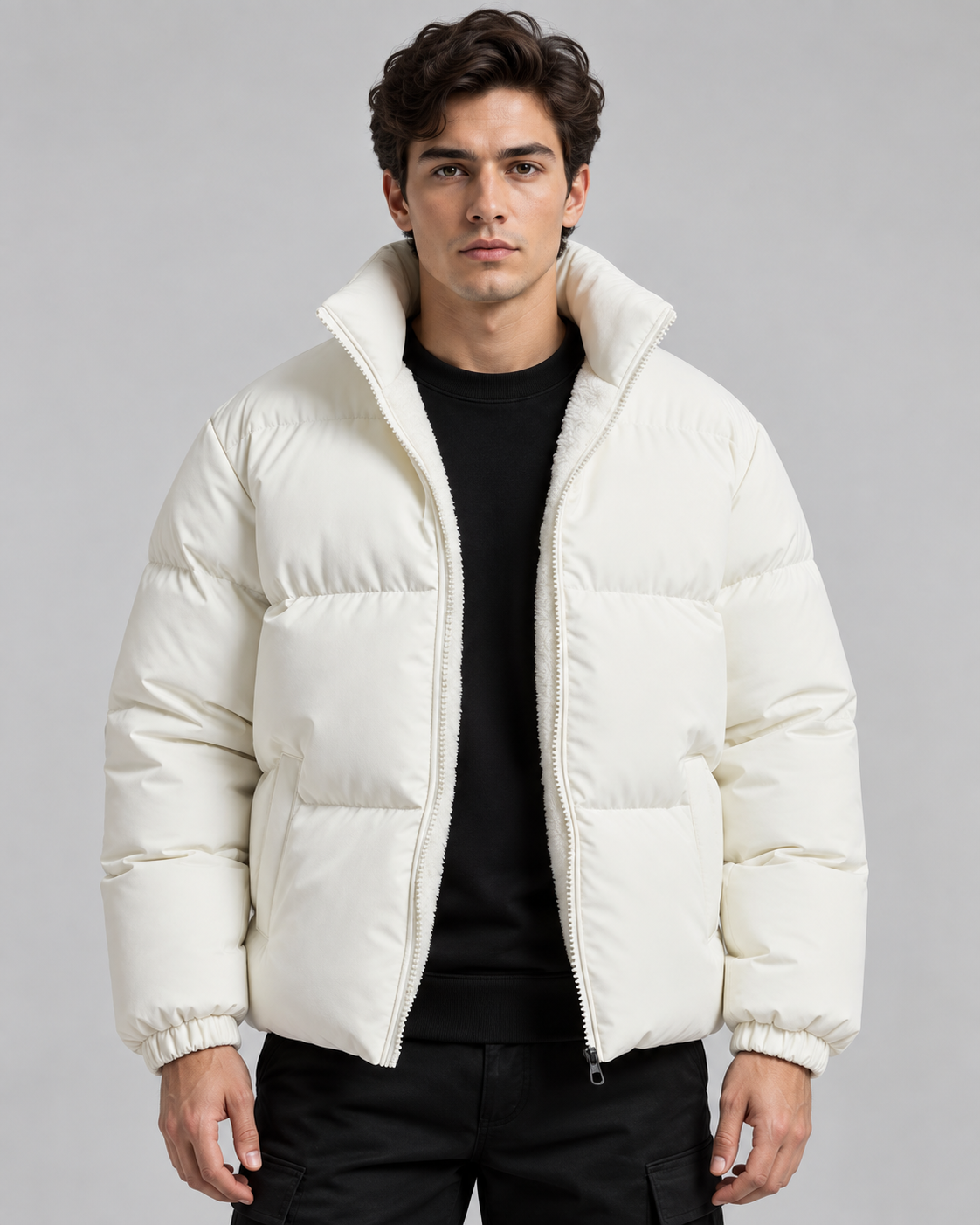 Men's Fleece-Lined Puffer Jacket – Funnel Neck Quilted Zip-Up