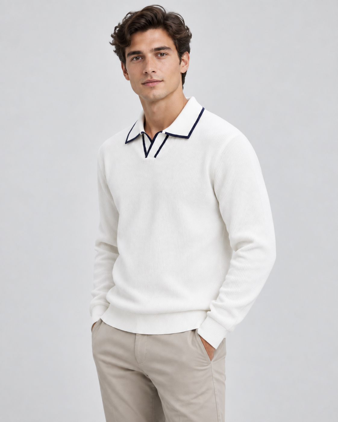 Men's Johnny Collar Knit Polo Sweater – Ribbed Long Sleeve Pullover