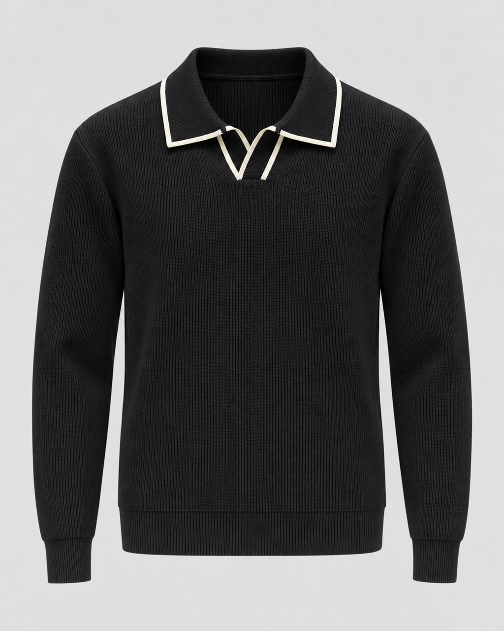 Men's Johnny Collar Knit Polo Sweater – Ribbed Long Sleeve Pullover