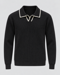 Men's Johnny Collar Knit Polo Sweater – Ribbed Long Sleeve Pullover