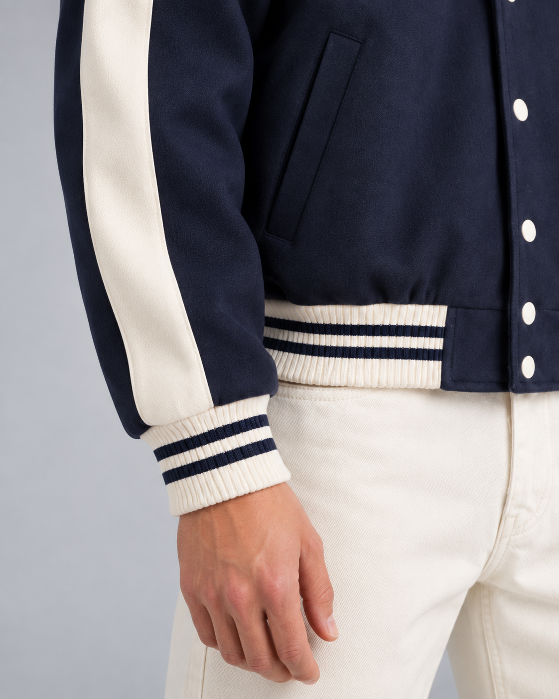 Men's Varsity Jacket – Contrast Stripe Snap-Button Relaxed Fit