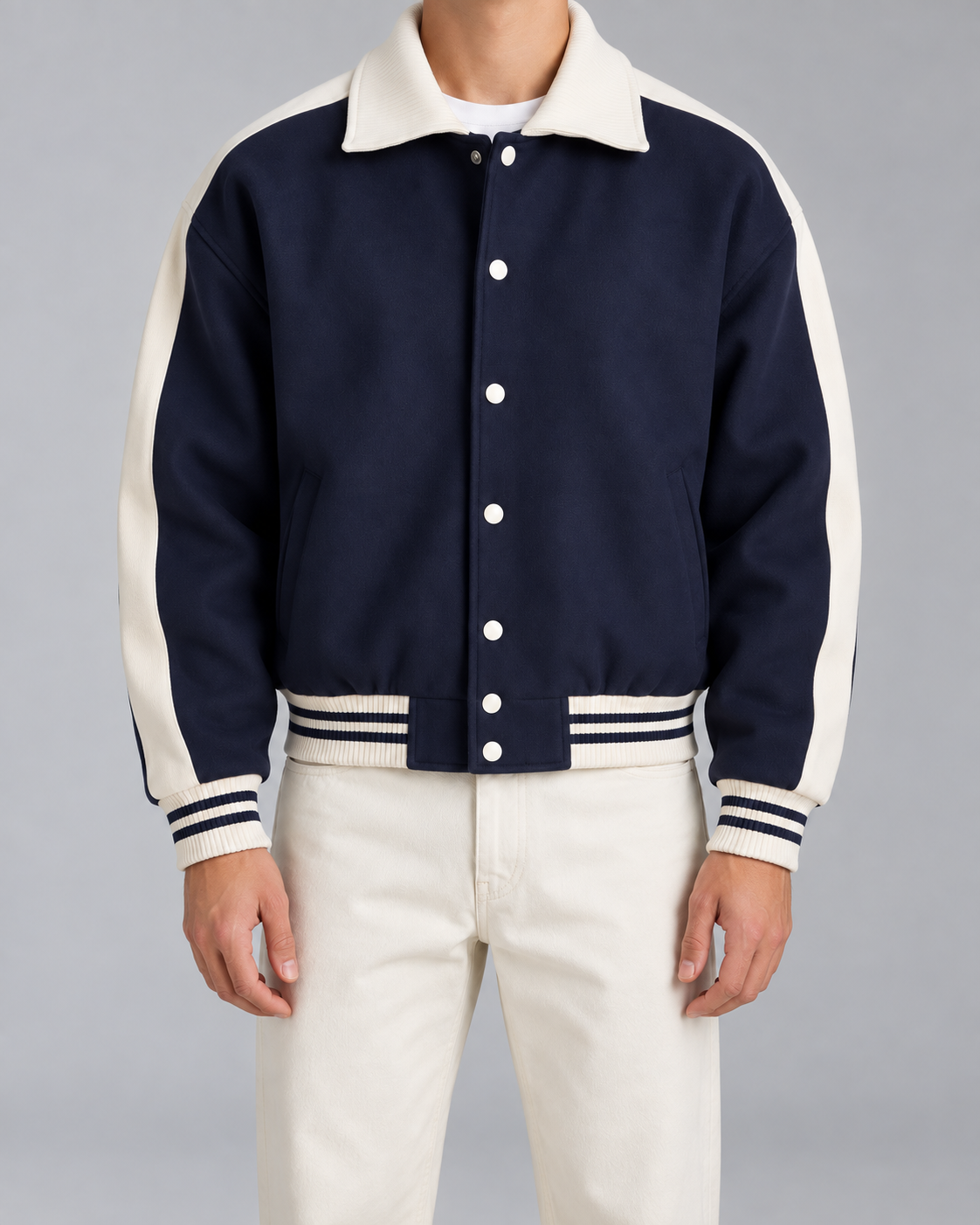 Men's Varsity Jacket – Contrast Stripe Snap-Button Relaxed Fit