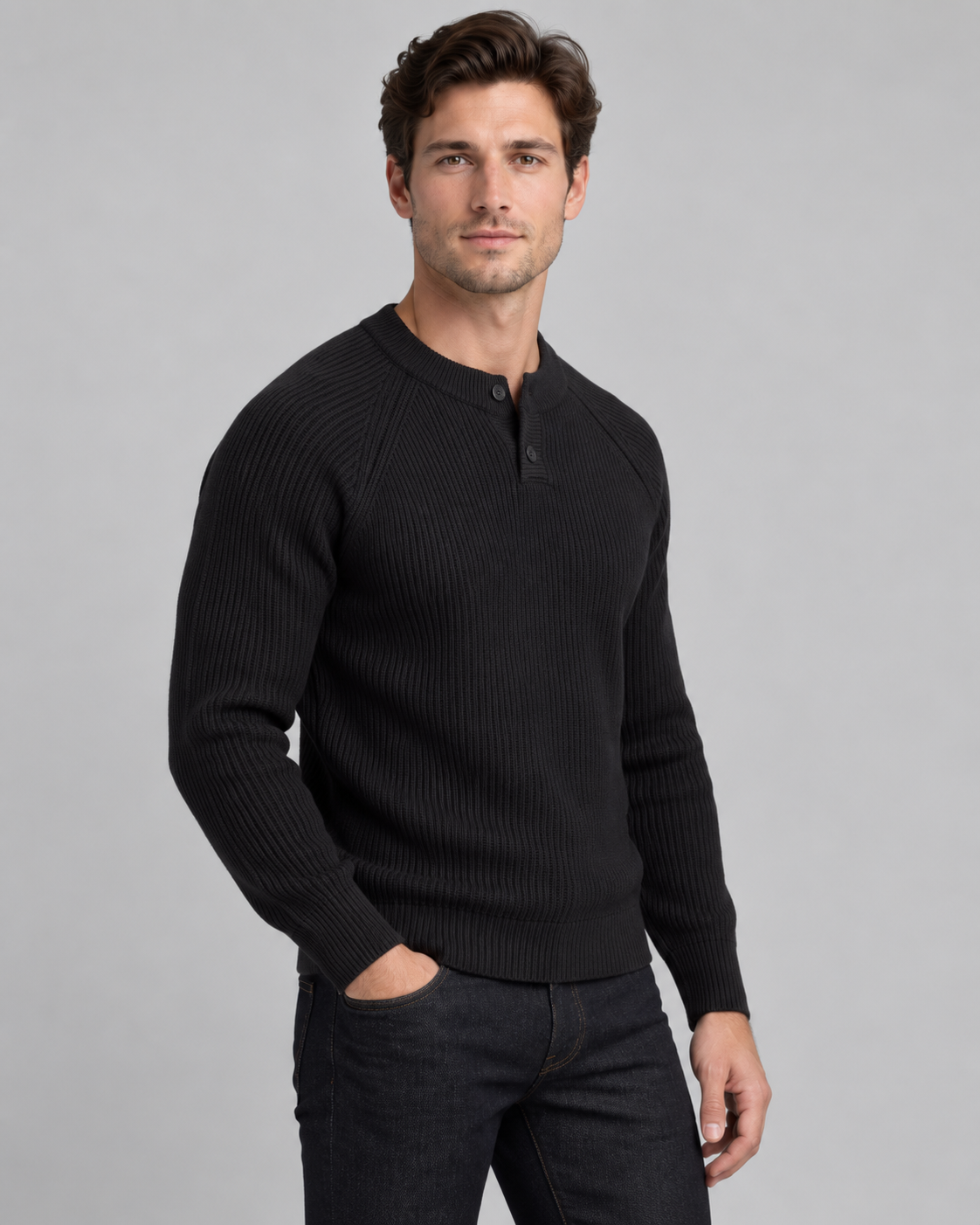 Men's Ribbed Henley Sweater – Button Placket Raglan Sleeve Pullover