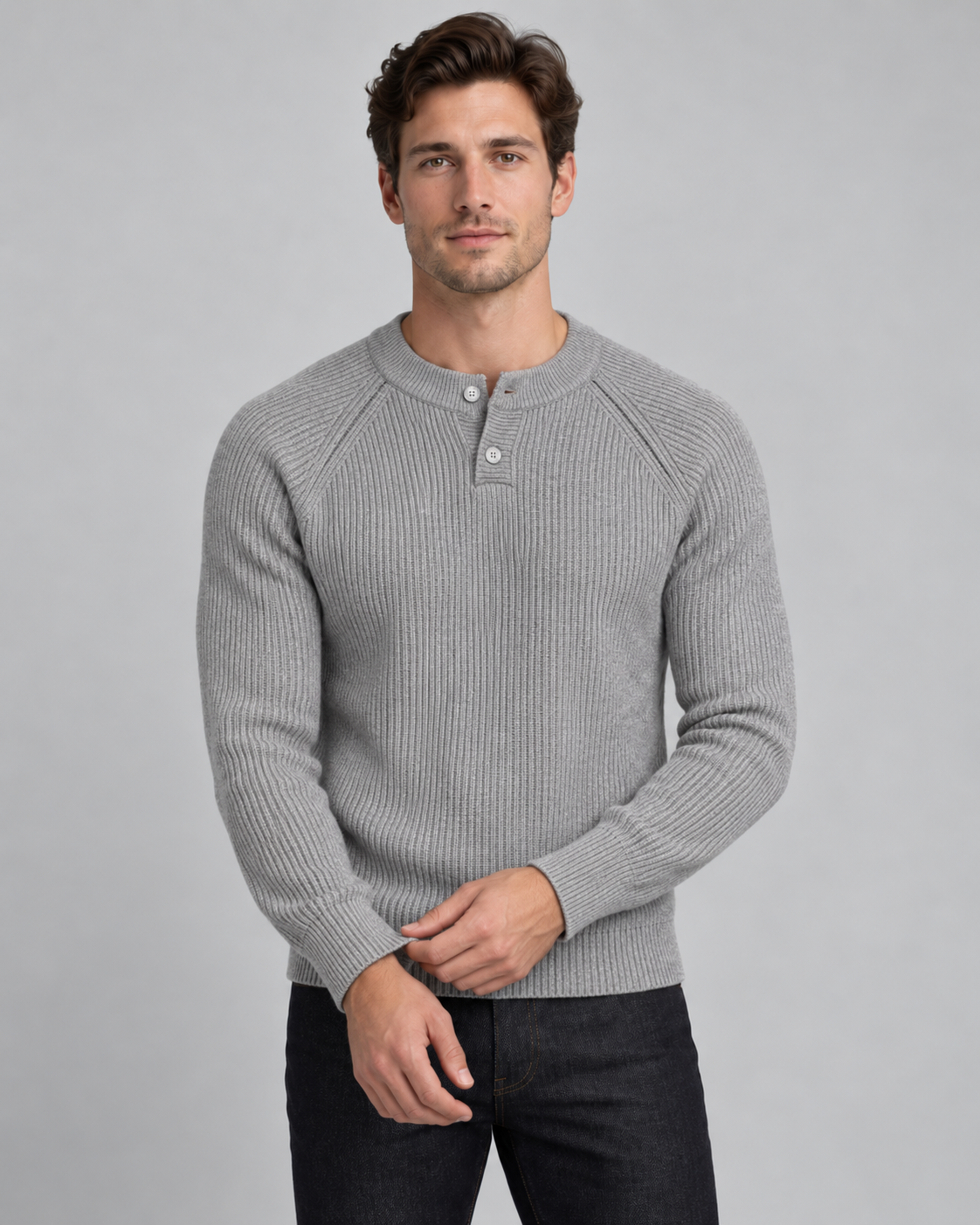Men's Ribbed Henley Sweater – Button Placket Raglan Sleeve Pullover