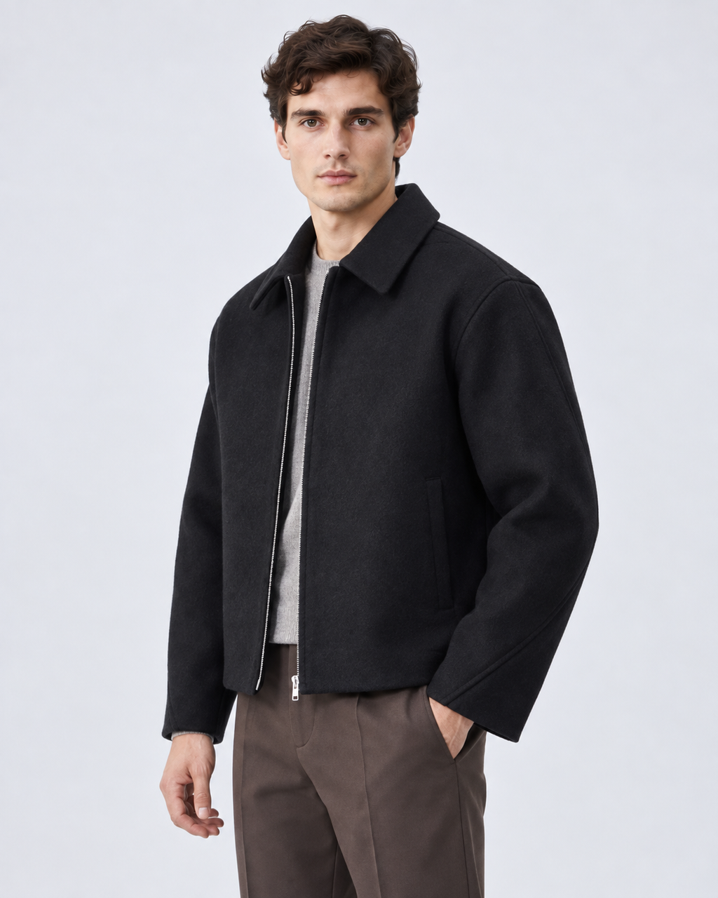 Men's Short Brushed Zip Jacket – Point Collar Boxy Fit Winter Layer