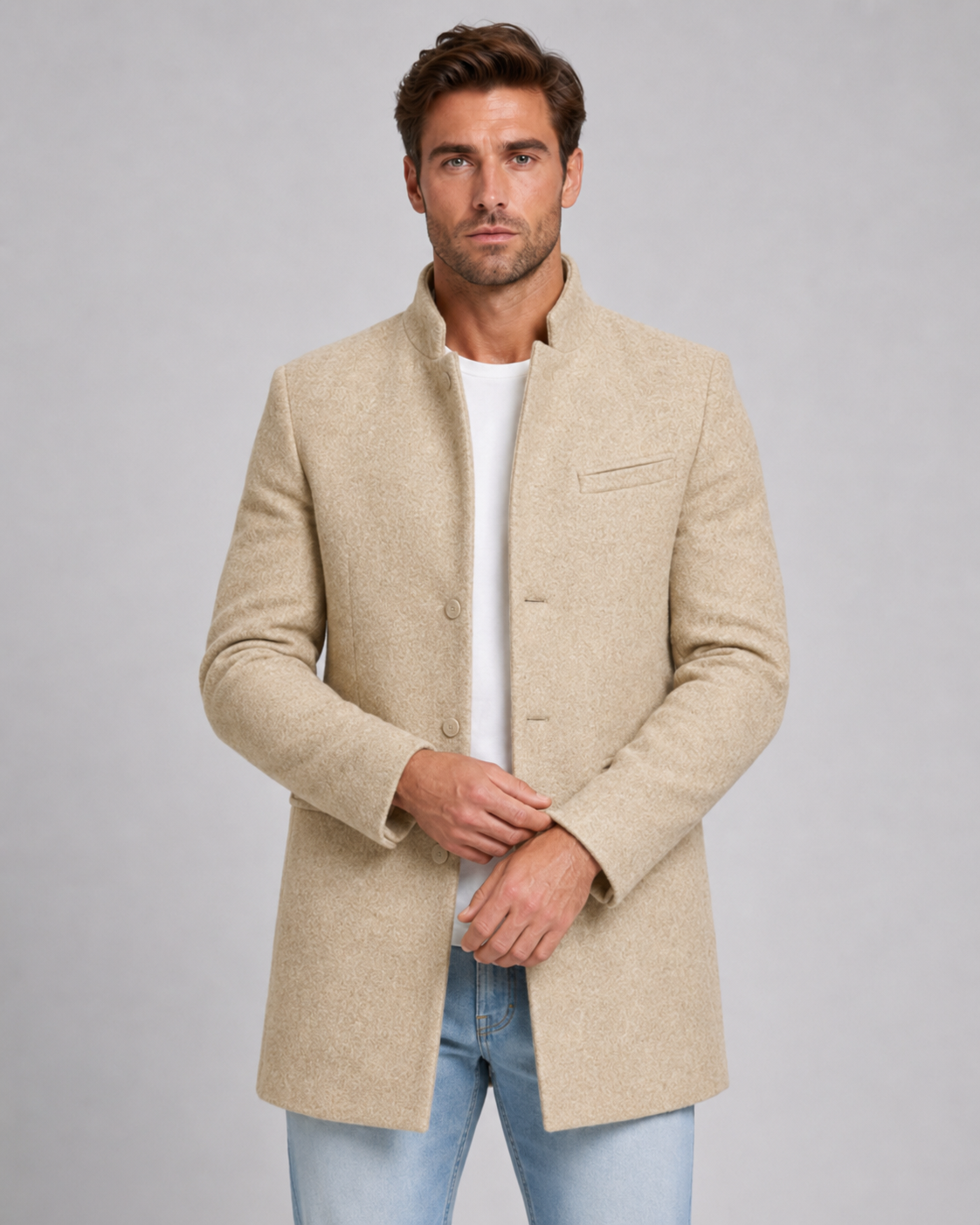 Men's Stand Collar Wool Coat – Single-Breasted Mid-Length Overcoat