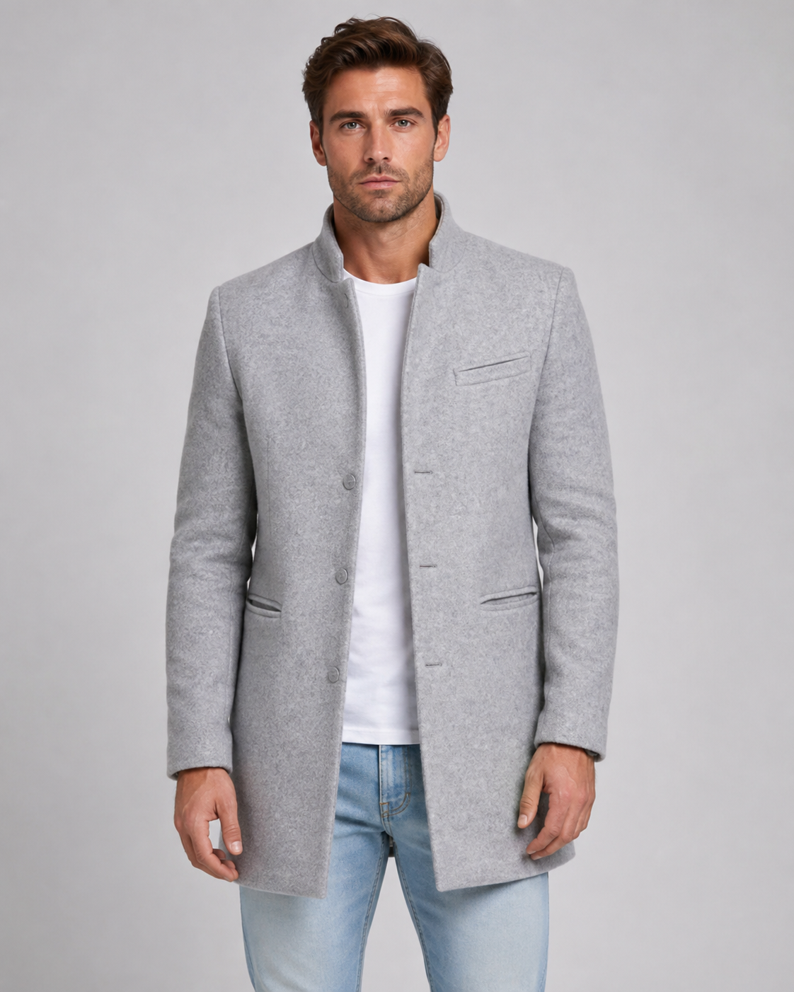 Men's Stand Collar Wool Coat – Single-Breasted Mid-Length Overcoat