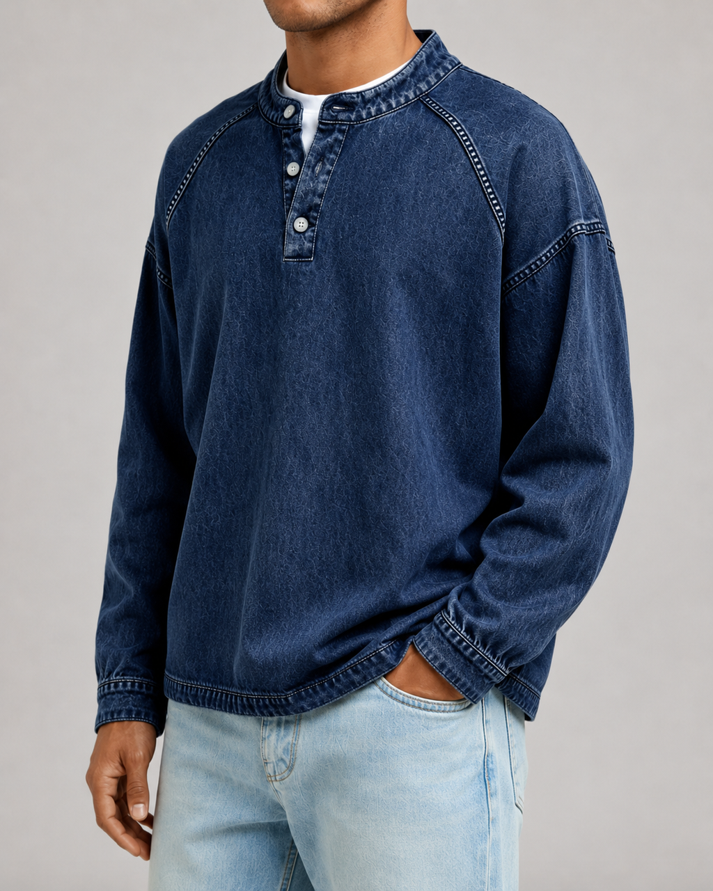 Men's Garment-Dyed Henley Sweatshirt – Relaxed Raglan Pullover
