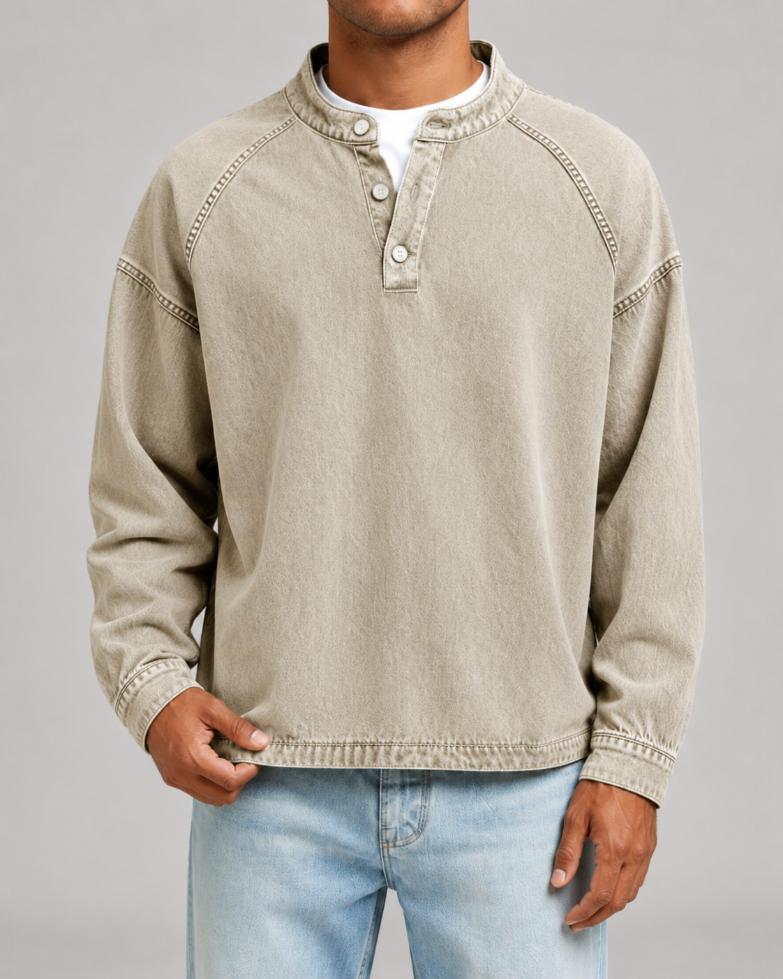 Men's Garment-Dyed Henley Sweatshirt – Relaxed Raglan Pullover