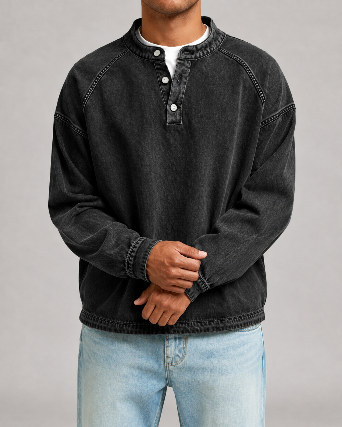 Men's Garment-Dyed Henley Sweatshirt – Relaxed Raglan Pullover