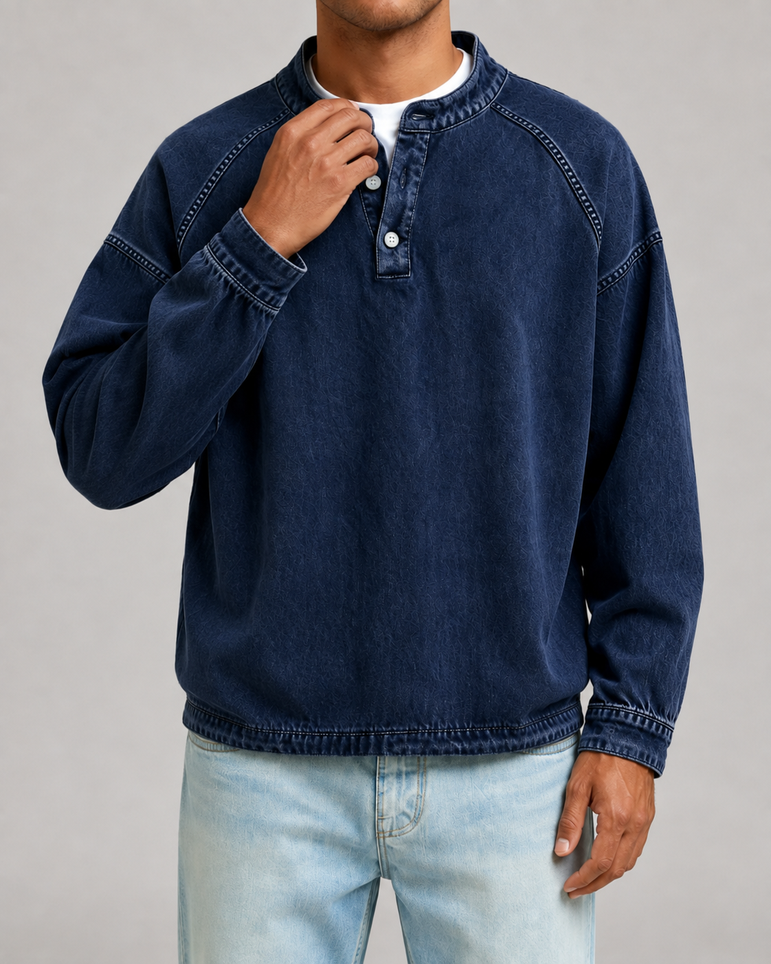 Men's Garment-Dyed Henley Sweatshirt – Relaxed Raglan Pullover