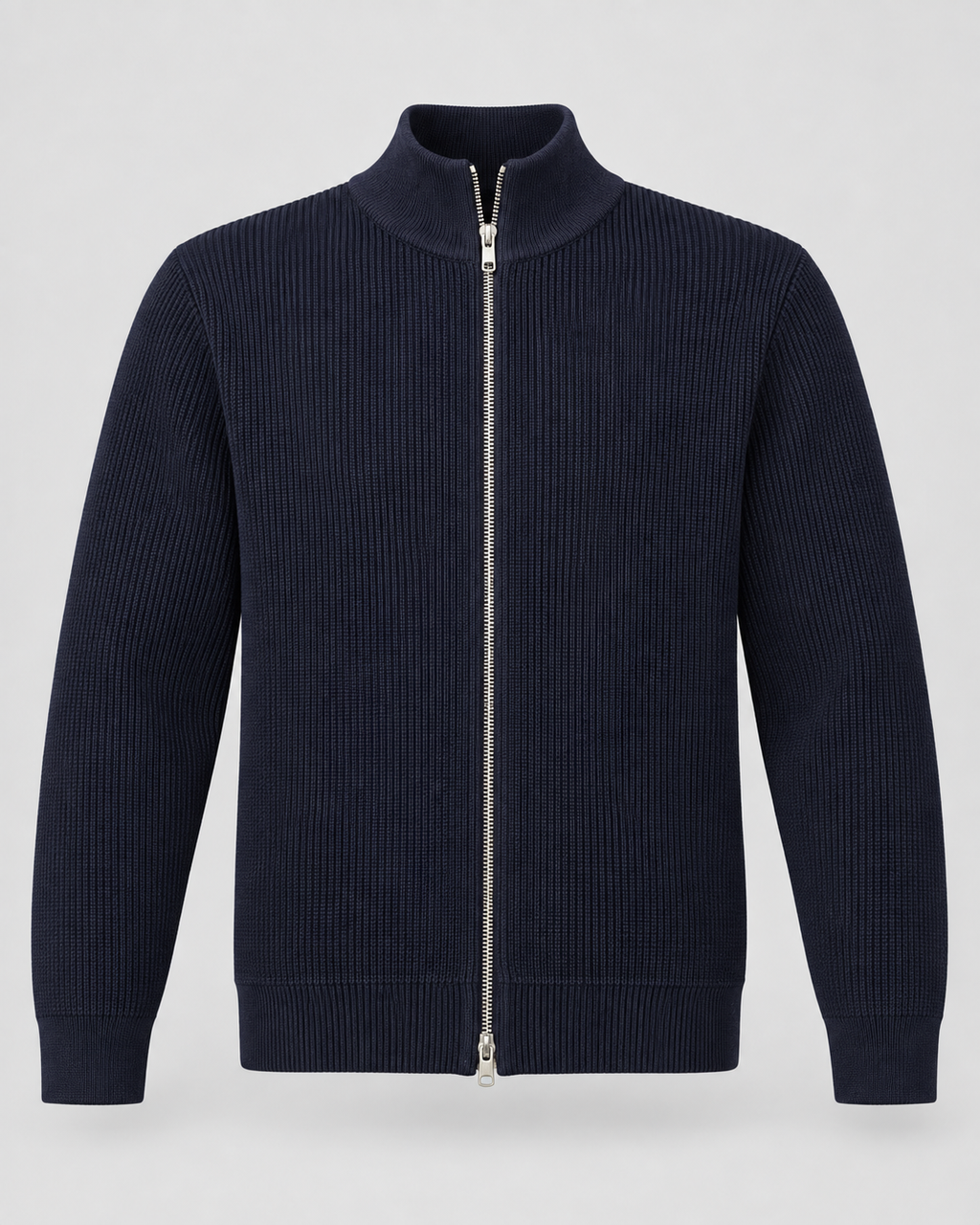 Men's Full-Zip Knit Sweater – Ribbed Stand Collar Cardigan