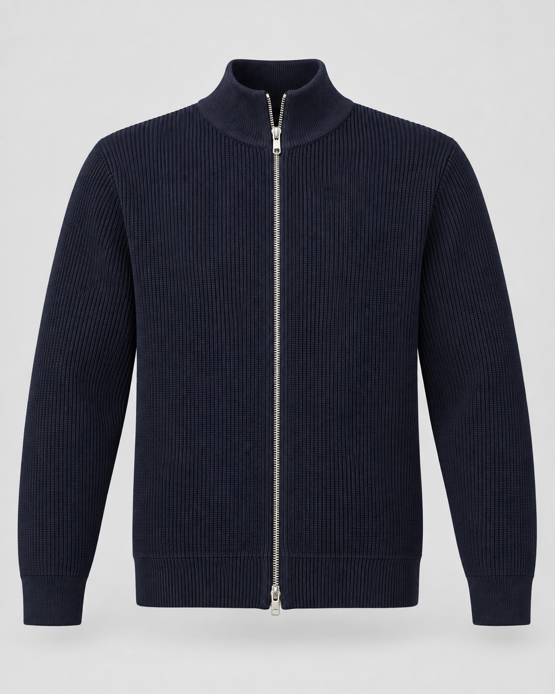 Men's Full-Zip Knit Sweater – Ribbed Stand Collar Cardigan