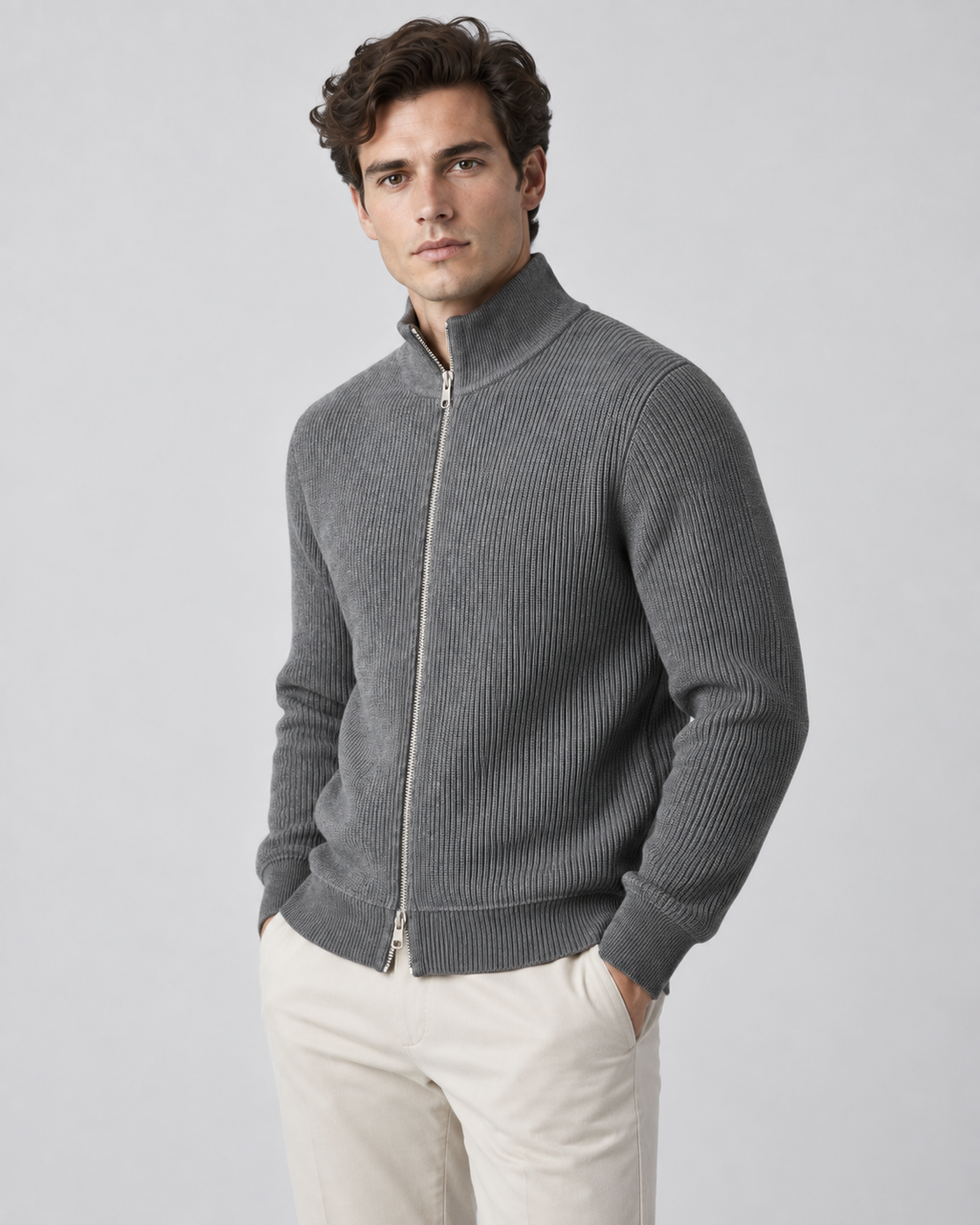 Men's Full-Zip Knit Sweater – Ribbed Stand Collar Cardigan