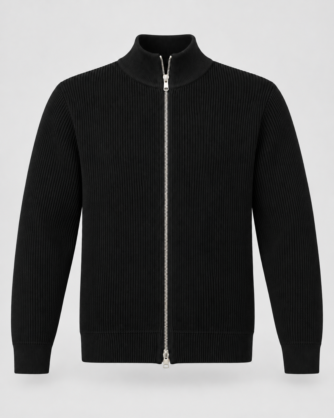 Men's Full-Zip Knit Sweater – Ribbed Stand Collar Cardigan