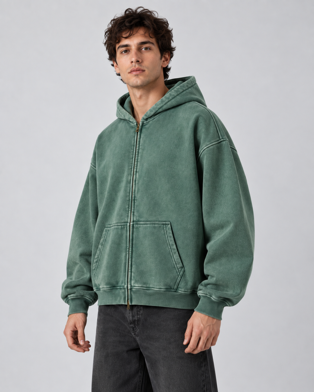 Men's Vintage Wash Zip-Up Hoodie – Oversized Fleece Sweatshirt