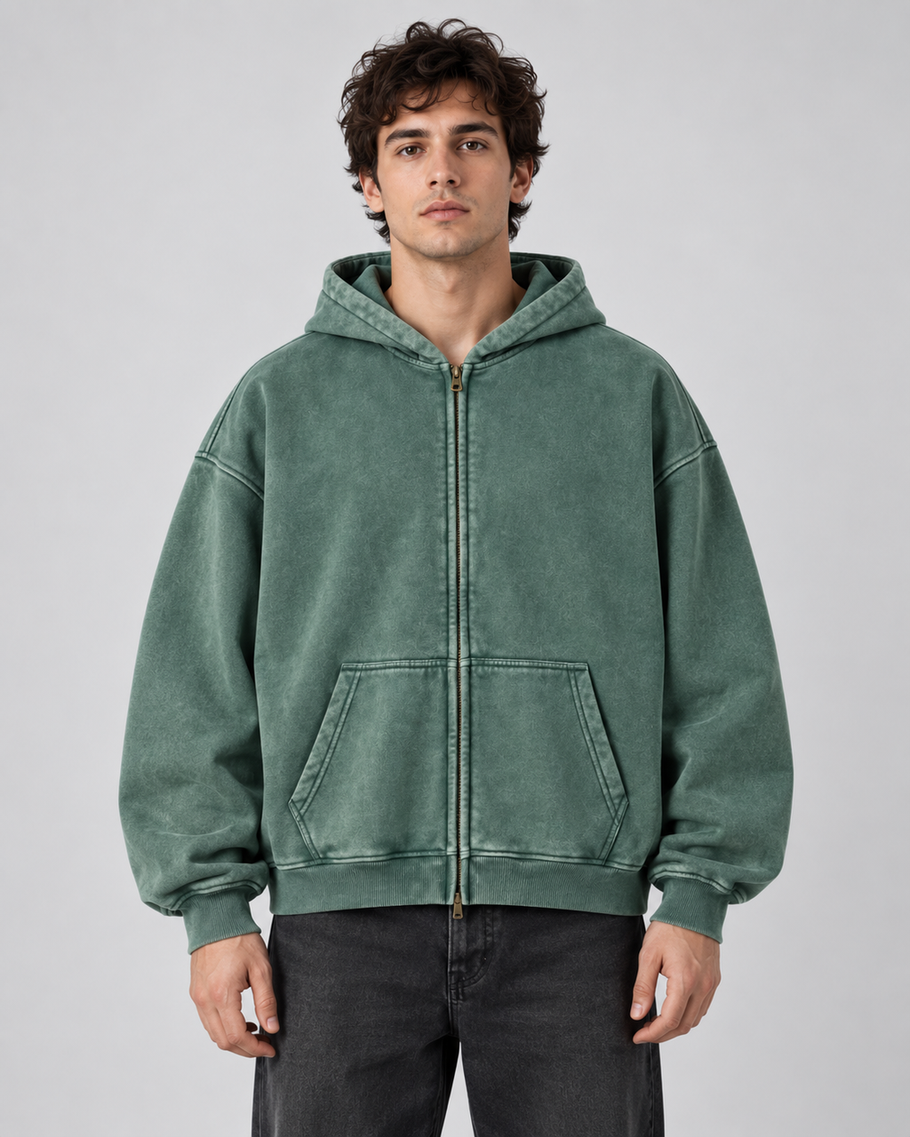 Men's Vintage Wash Zip-Up Hoodie – Oversized Fleece Sweatshirt