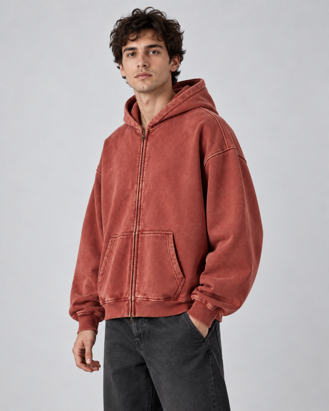 Men's Vintage Wash Zip-Up Hoodie – Oversized Fleece Sweatshirt