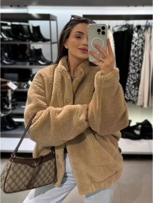 Women's Oversized Teddy Jacket – Plush High Collar Winter Layer