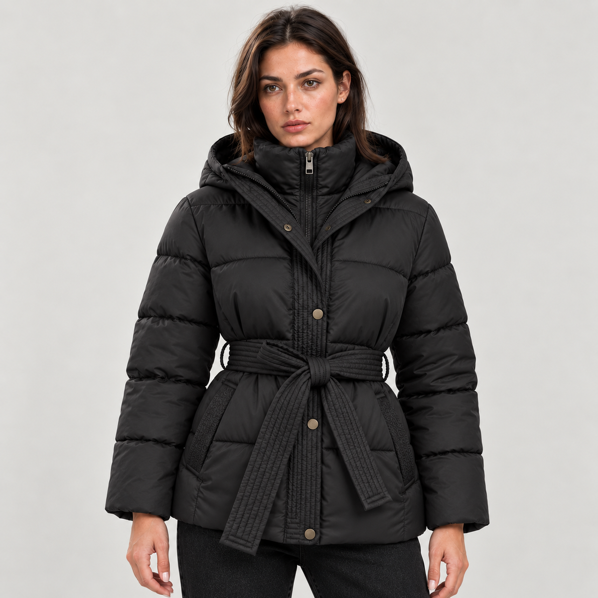 Women's Belted Hooded Puffer Jacket – Quilted Zip Coat with Tie Waist