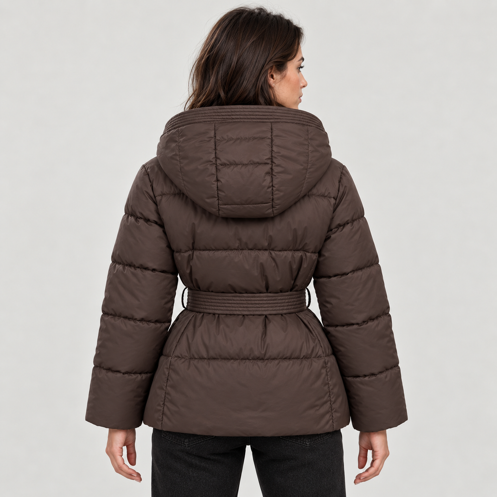 Women's Belted Hooded Puffer Jacket – Quilted Zip Coat with Tie Waist