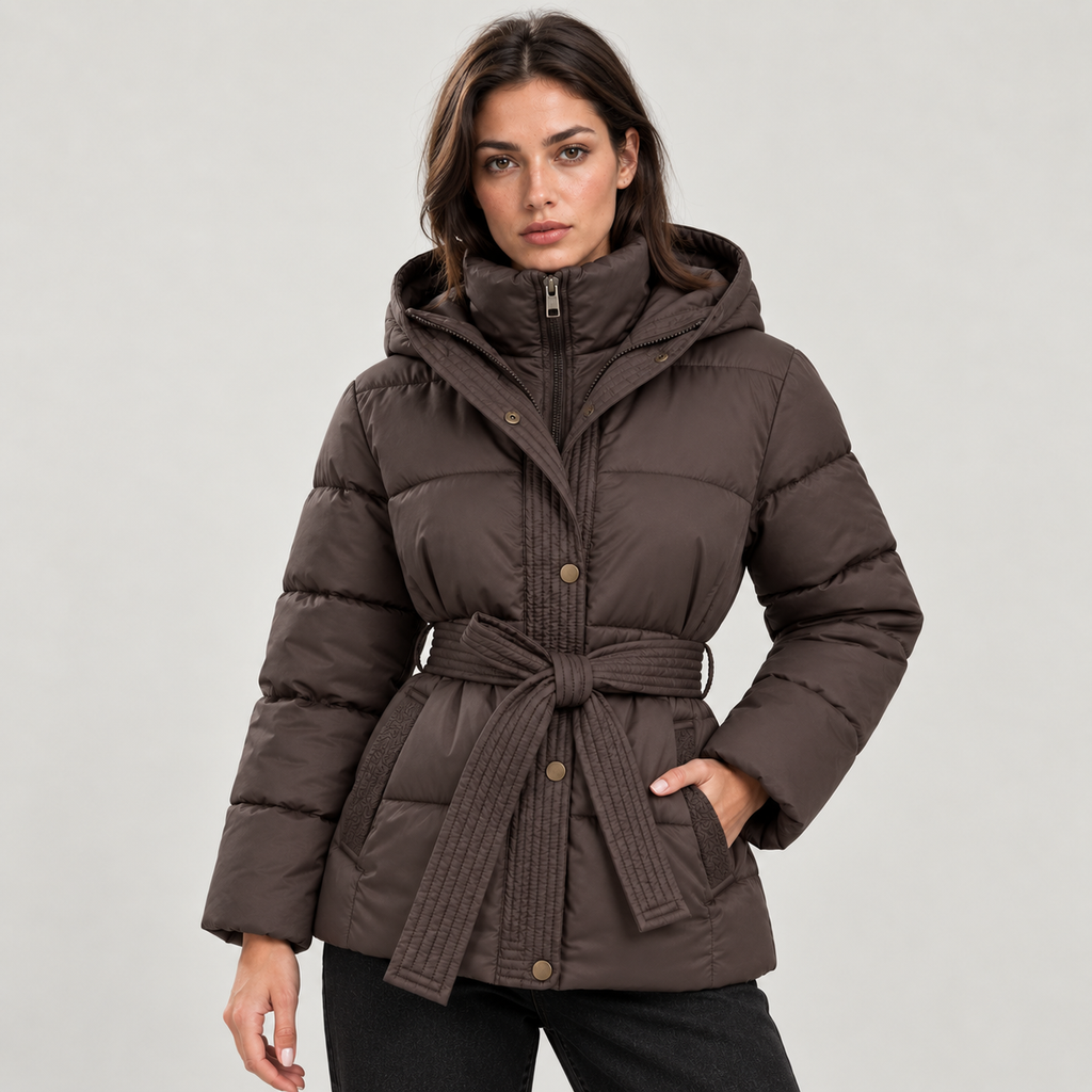 Women's Belted Hooded Puffer Jacket – Quilted Zip Coat with Tie Waist