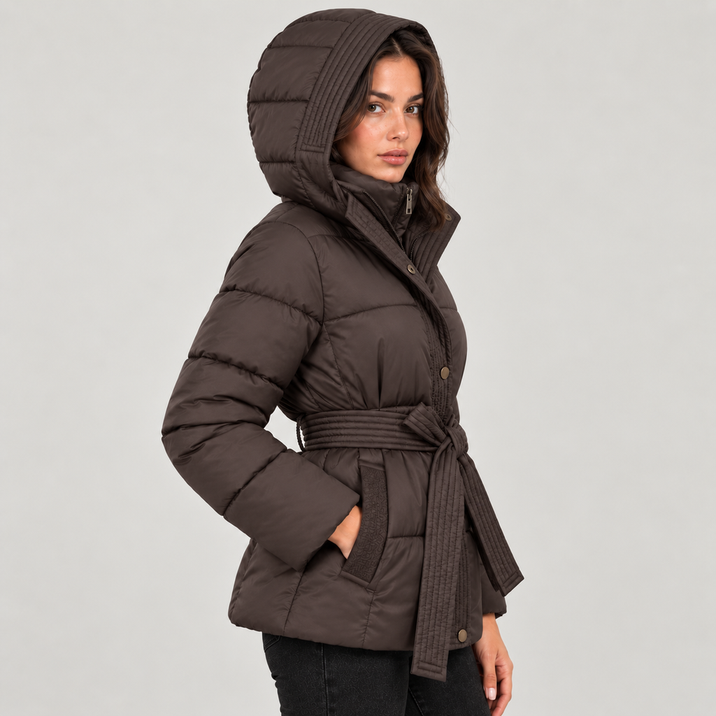 Women's Belted Hooded Puffer Jacket – Quilted Zip Coat with Tie Waist