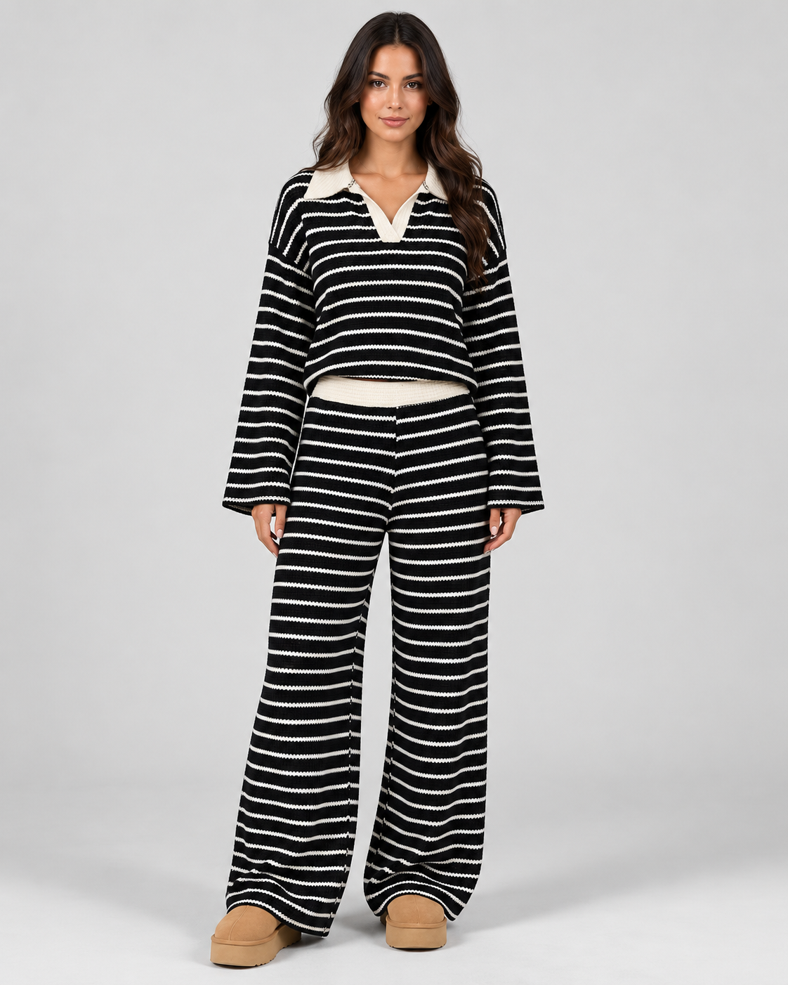Women's Striped Knit Two-Piece Set – Polo Top & Wide Leg Pants