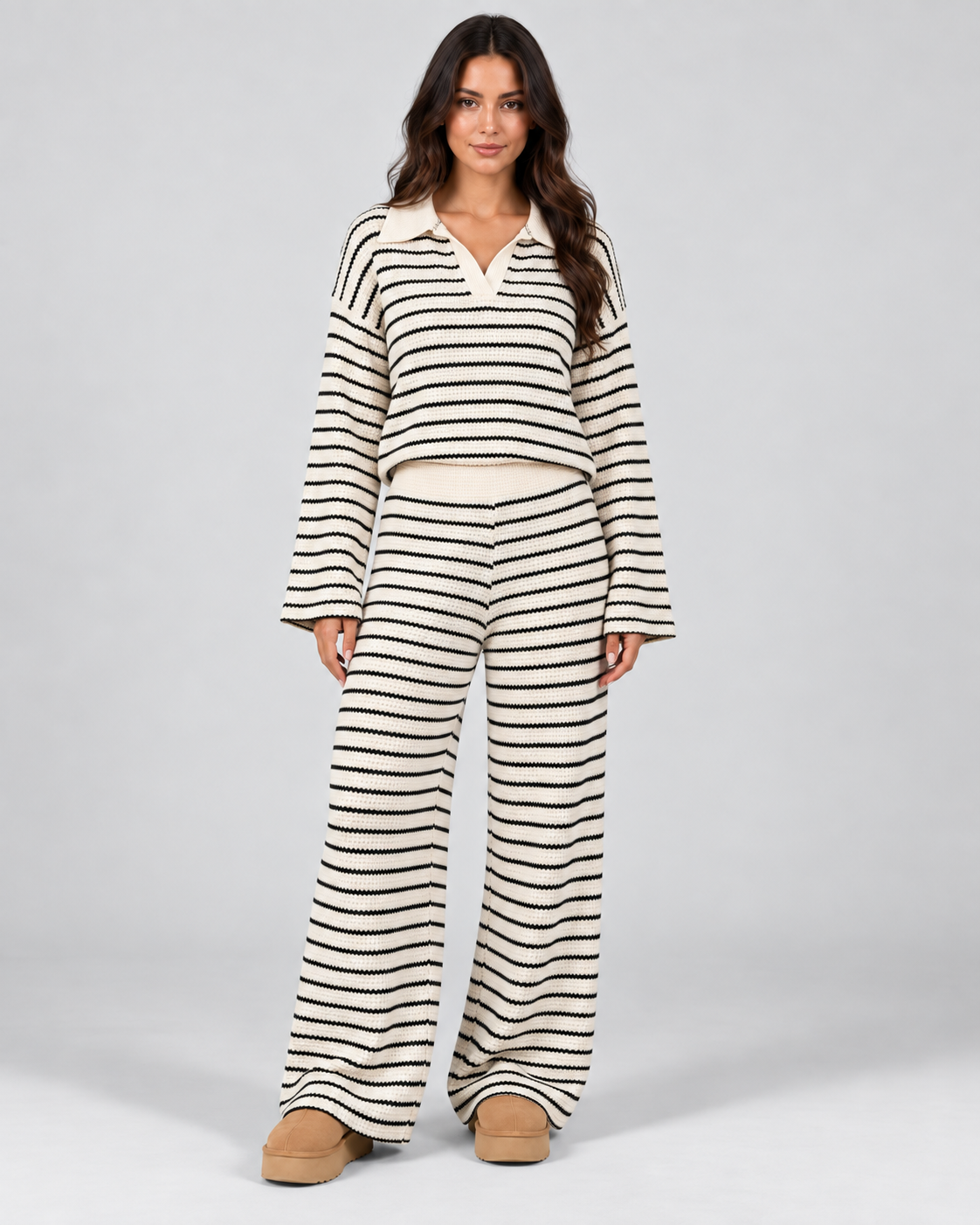 Women's Striped Knit Two-Piece Set – Polo Top & Wide Leg Pants