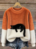 Women's Cat Print Pullover Sweater – Relaxed Fit Casual Knit