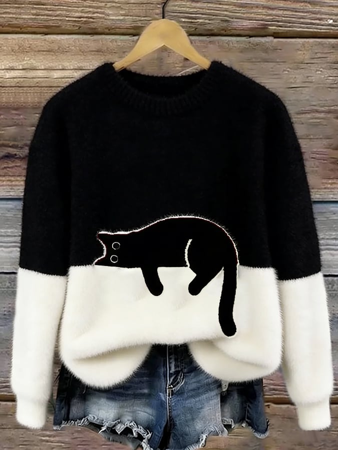 Women's Cat Print Pullover Sweater – Relaxed Fit Casual Knit