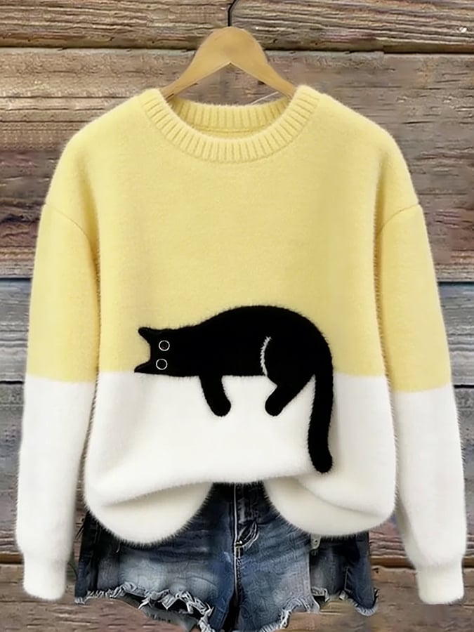 Women's Cat Print Pullover Sweater – Relaxed Fit Casual Knit