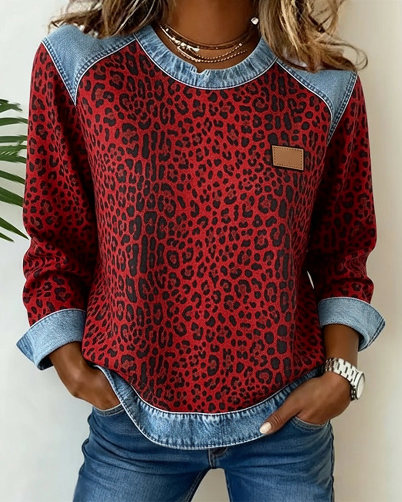 Women's Printed Long Sleeve Top – Relaxed Fit with Contrast Trim