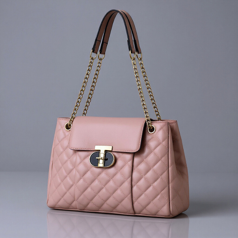 Women's Quilted Chain Handle Bag – Structured Turn-Lock Handbag