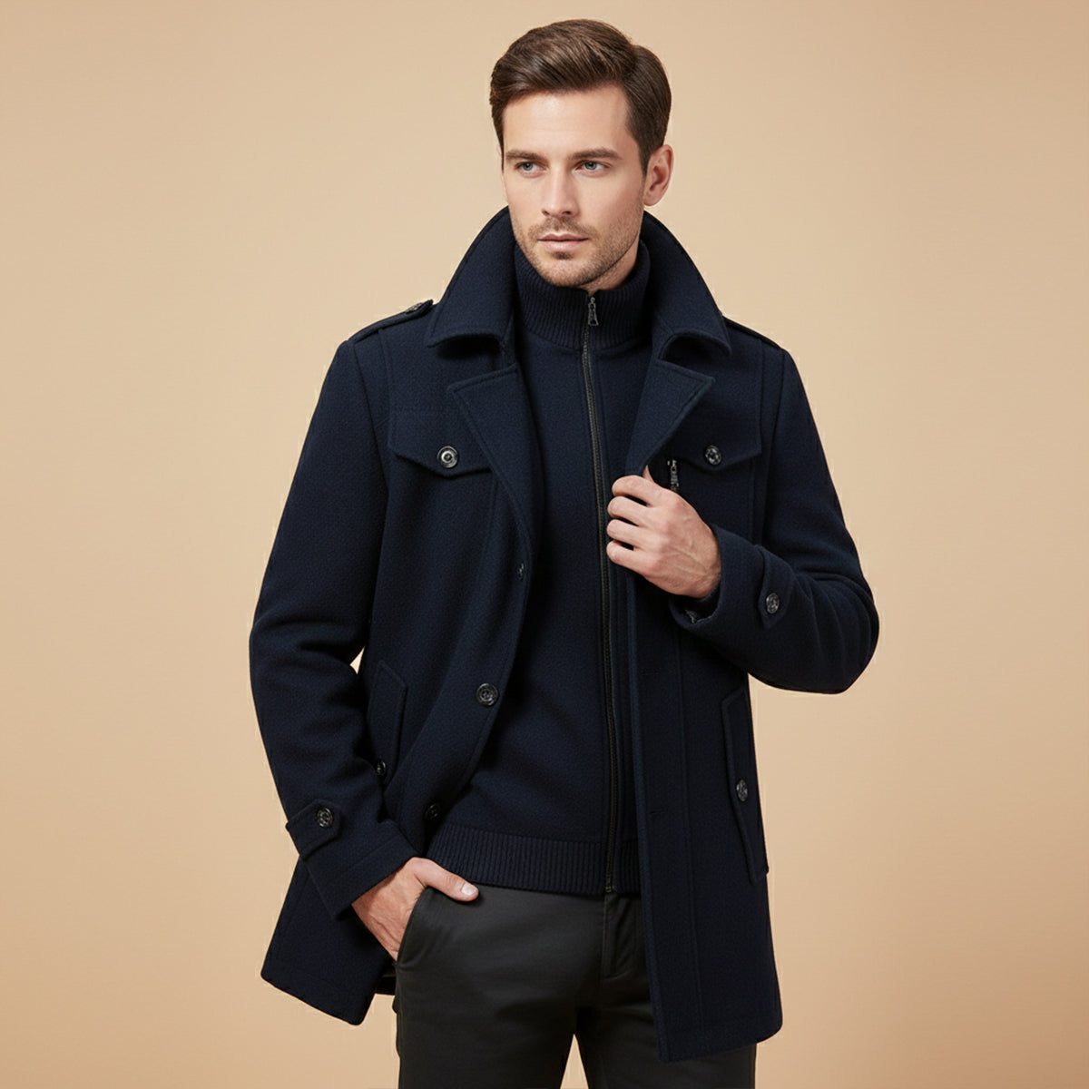 Men's Tailored Wool Blend Overcoat – Lapel Collar Trench-Style Coat