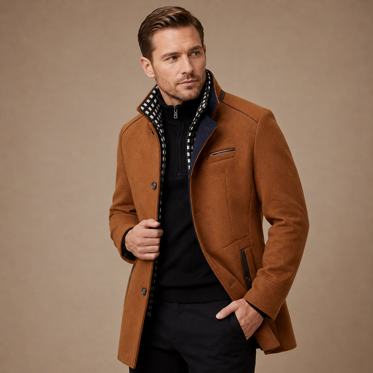 Men's Stand Collar Trench Coat – Smart Casual Wool Blend Overcoat